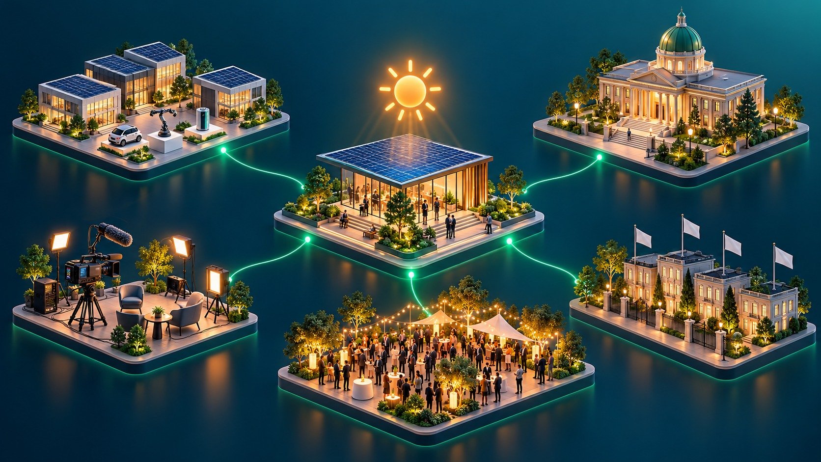 Illustration: the Eco Embassy connected with companies, city and state, embassies, media and visitors